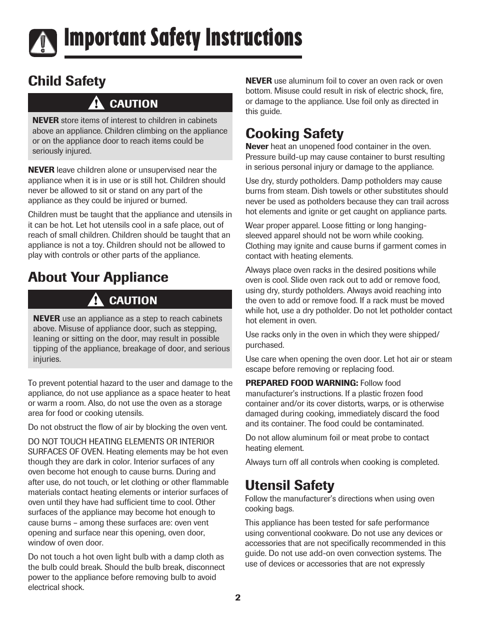 Important safety instructions, About your appliance, Cooking safety | Child safety utensil safety | Amana 8113P598-60 User Manual | Page 3 / 76