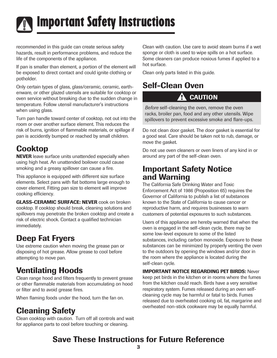 Important safety instructions, Self-clean oven, Important safety notice and warning | Cooktop, Deep fat fryers, Ventilating hoods, Cleaning safety, Save these instructions for future reference | Amana 8113P598-60 User Manual | Page 4 / 76