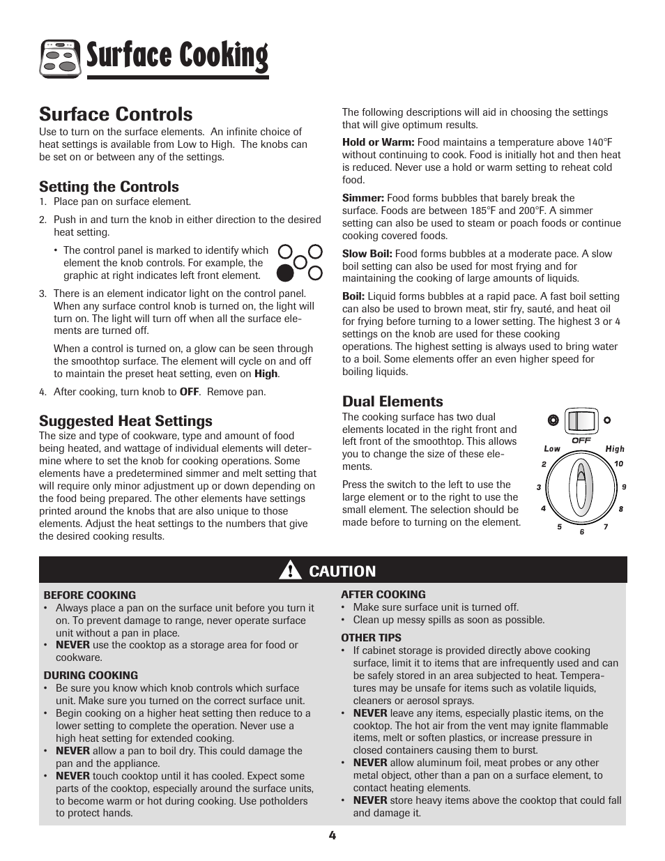 Surface cooking, Surface controls, Setting the controls | Suggested heat settings, Caution, Dual elements | Amana 8113P598-60 User Manual | Page 5 / 76
