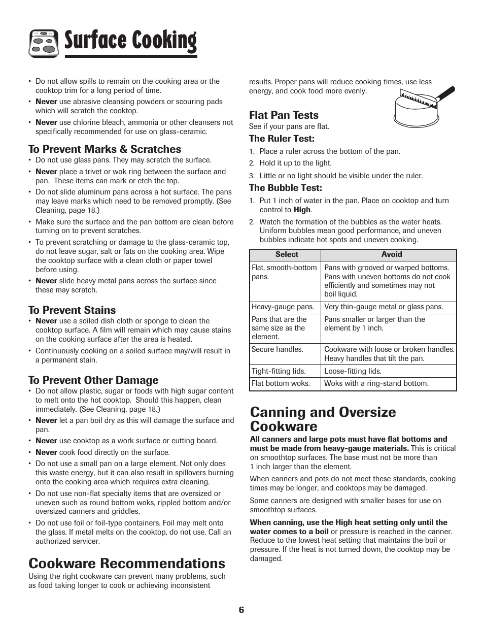 Surface cooking, Cookware recommendations, Canning and oversize cookware | Flat pan tests | Amana 8113P598-60 User Manual | Page 7 / 76