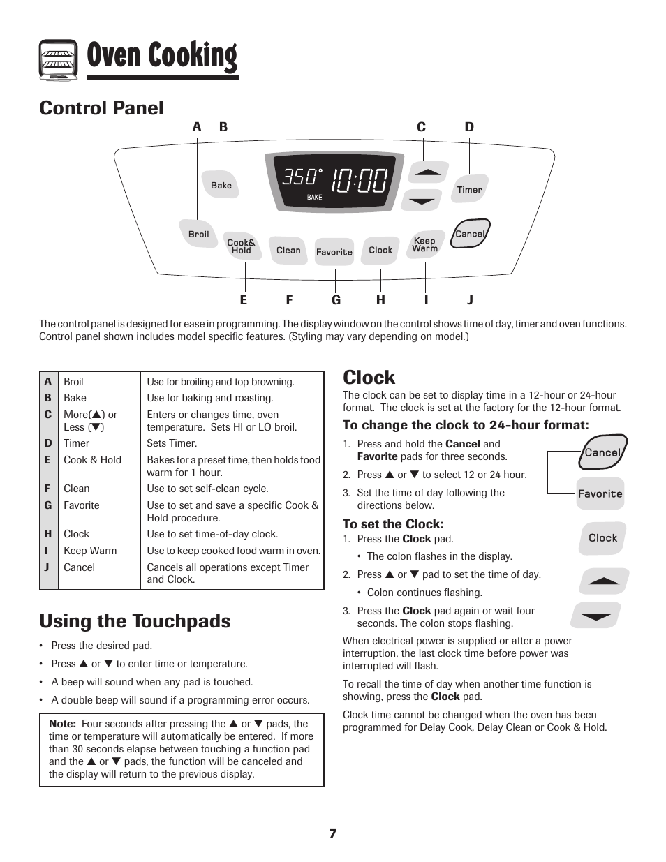 Oven cooking, Control panel, Using the touchpads | Clock | Amana 8113P598-60 User Manual | Page 8 / 76