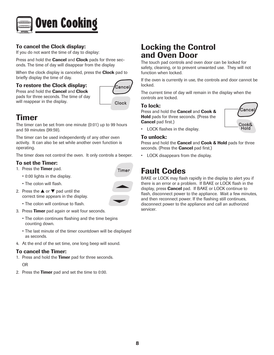 Oven cooking, Timer, Locking the control and oven door | Fault codes | Amana 8113P598-60 User Manual | Page 9 / 76