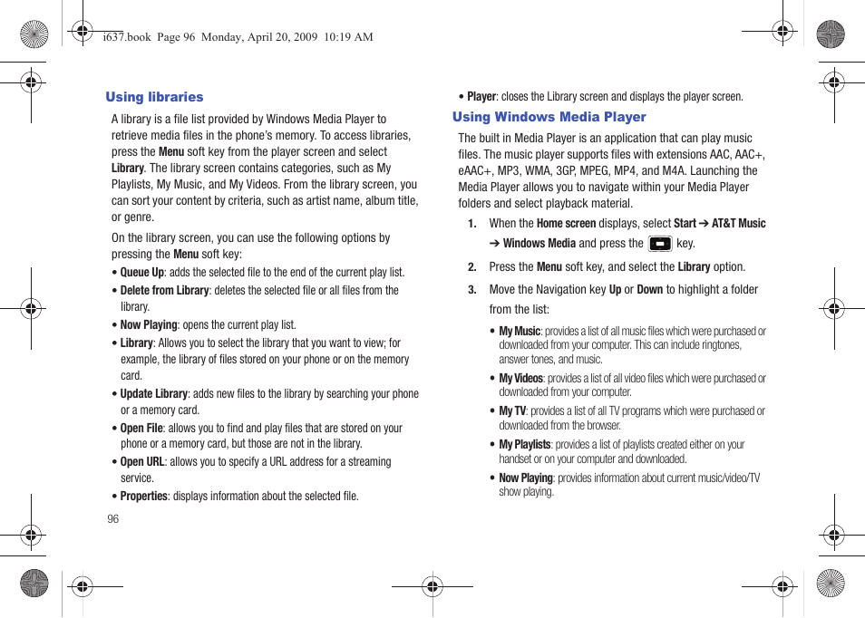 Using libraries, Using windows media player, Using libraries using windows media player | Samsung SGH-I637MAAATT User Manual | Page 100 / 158