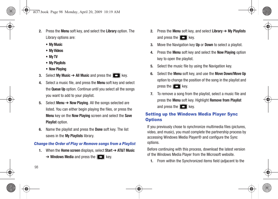 Setting up the windows media player sync options | Samsung SGH-I637MAAATT User Manual | Page 102 / 158