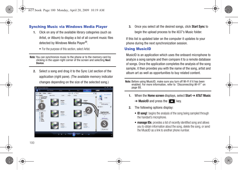 Synching music via windows media player, Using musicid | Samsung SGH-I637MAAATT User Manual | Page 104 / 158