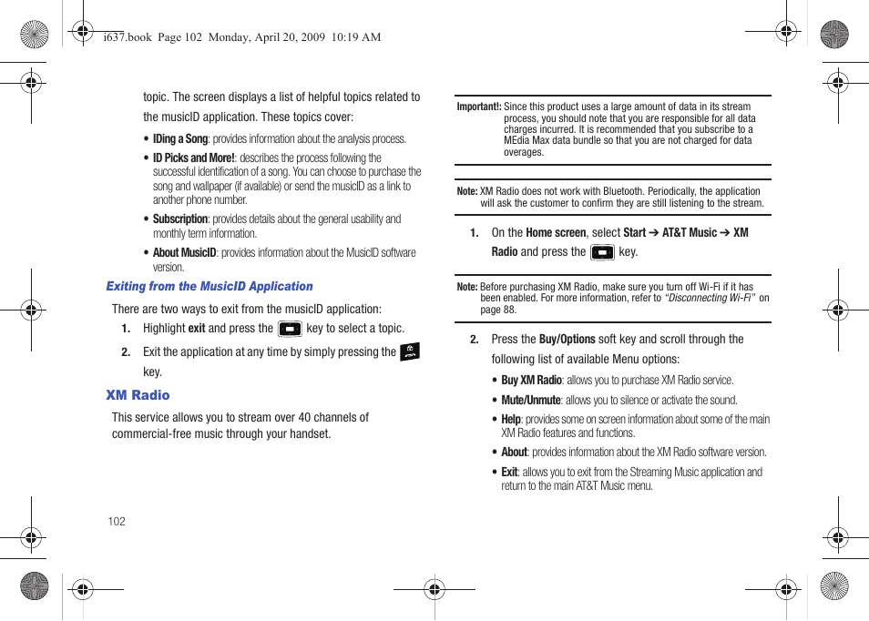 Xm radio | Samsung SGH-I637MAAATT User Manual | Page 106 / 158