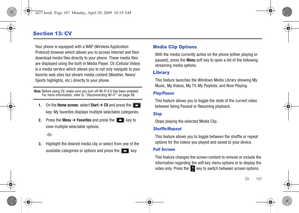 Section 13: cv, Media clip options, Library | Media clip options library | Samsung SGH-I637MAAATT User Manual | Page 111 / 158