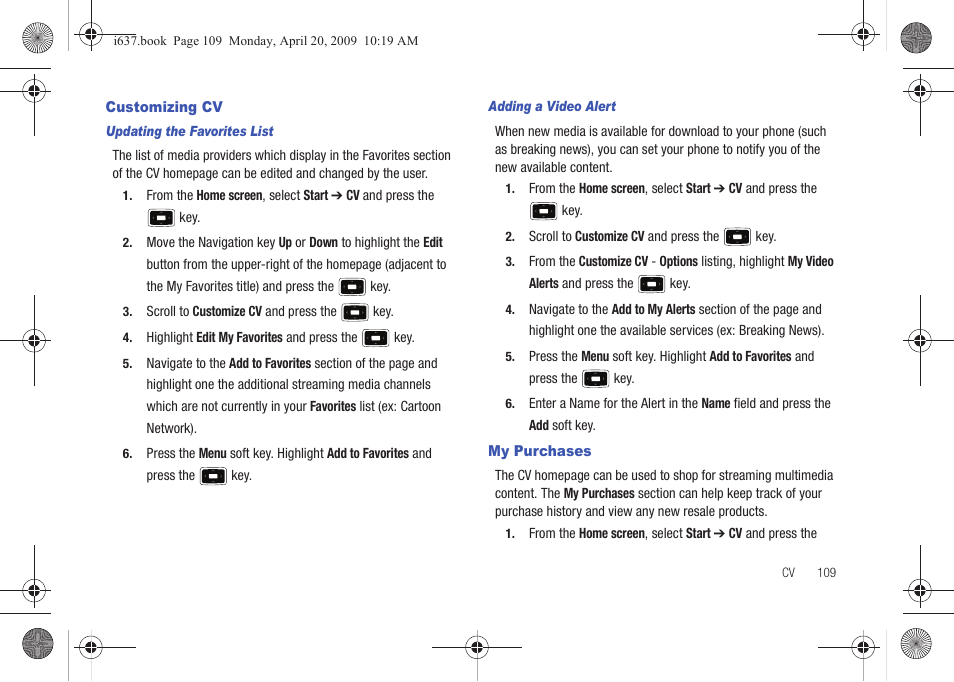 Customizing cv, My purchases, Customizing cv my purchases | Samsung SGH-I637MAAATT User Manual | Page 113 / 158