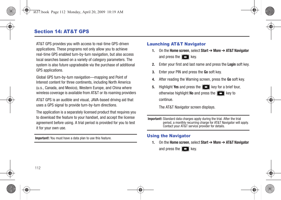 Section 14: at&t gps, Launching at&t navigator, Using the navigator | Samsung SGH-I637MAAATT User Manual | Page 116 / 158