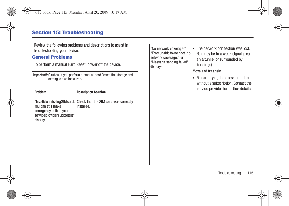 Section 15: troubleshooting, General problems | Samsung SGH-I637MAAATT User Manual | Page 119 / 158