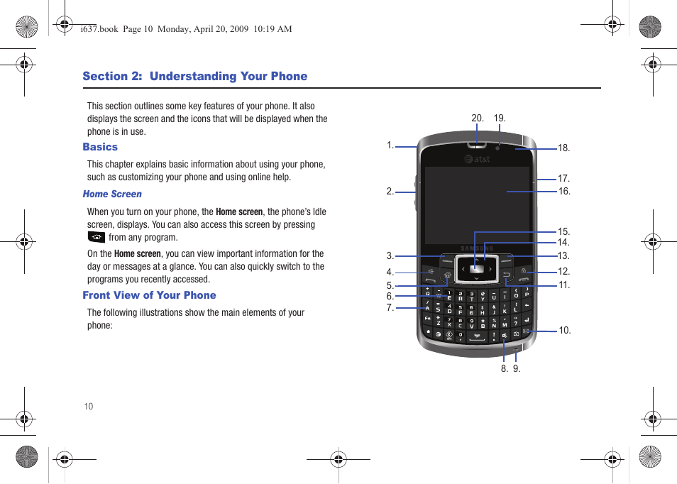 Section 2: understanding your phone, Basics, Front view of your phone | Basics front view of your phone | Samsung SGH-I637MAAATT User Manual | Page 14 / 158