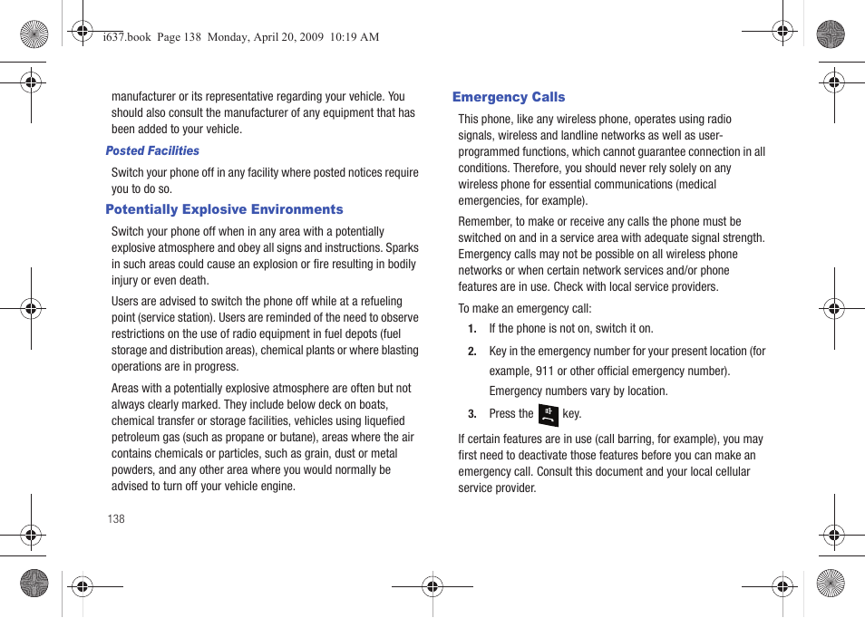 Potentially explosive environments, Emergency calls, Potentially explosive environments emergency calls | Samsung SGH-I637MAAATT User Manual | Page 142 / 158