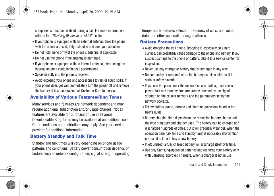 Availability of various features/ring tones, Battery standby and talk time, Battery precautions | Samsung SGH-I637MAAATT User Manual | Page 145 / 158