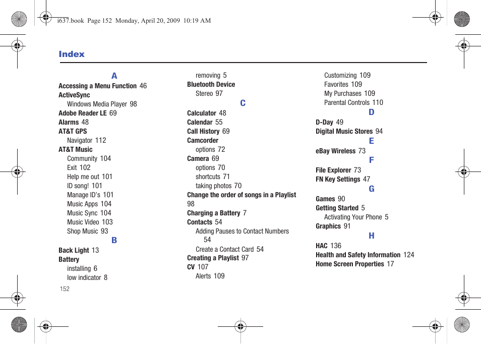 Index | Samsung SGH-I637MAAATT User Manual | Page 156 / 158