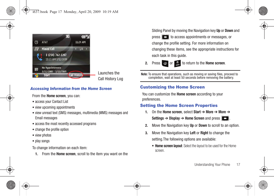 Customizing the home screen, Setting the home screen properties | Samsung SGH-I637MAAATT User Manual | Page 21 / 158