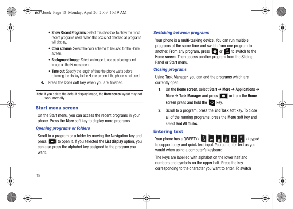 Start menu screen, Entering text, Start menu screen entering text | Samsung SGH-I637MAAATT User Manual | Page 22 / 158