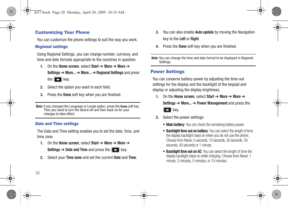 Customizing your phone, Power settings, Customizing your phone power settings | Samsung SGH-I637MAAATT User Manual | Page 24 / 158