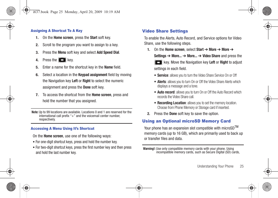 Video share settings, Using an optional microsd memory card | Samsung SGH-I637MAAATT User Manual | Page 29 / 158