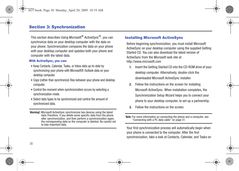 Section 3: synchronization, Installing microsoft activesync | Samsung SGH-I637MAAATT User Manual | Page 34 / 158