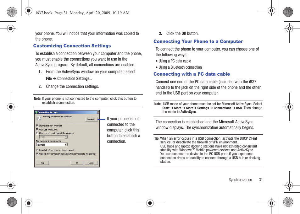 Customizing connection settings, Connecting your phone to a computer, Connecting with a pc data cable | Samsung SGH-I637MAAATT User Manual | Page 35 / 158