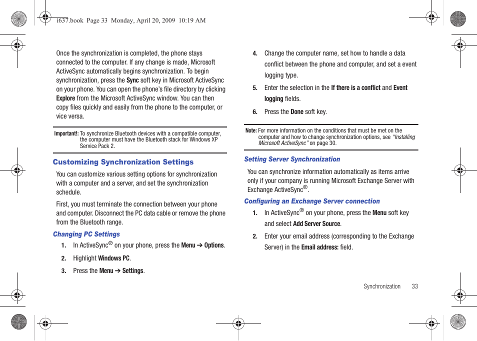 Customizing synchronization settings | Samsung SGH-I637MAAATT User Manual | Page 37 / 158