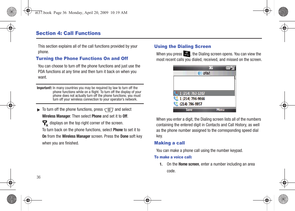 Section 4: call functions, Turning the phone functions on and off, Using the dialing screen | Making a call | Samsung SGH-I637MAAATT User Manual | Page 40 / 158