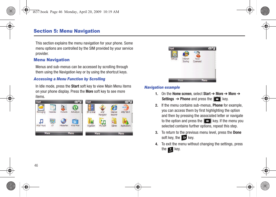 Section 5: menu navigation, Menu navigation | Samsung SGH-I637MAAATT User Manual | Page 50 / 158