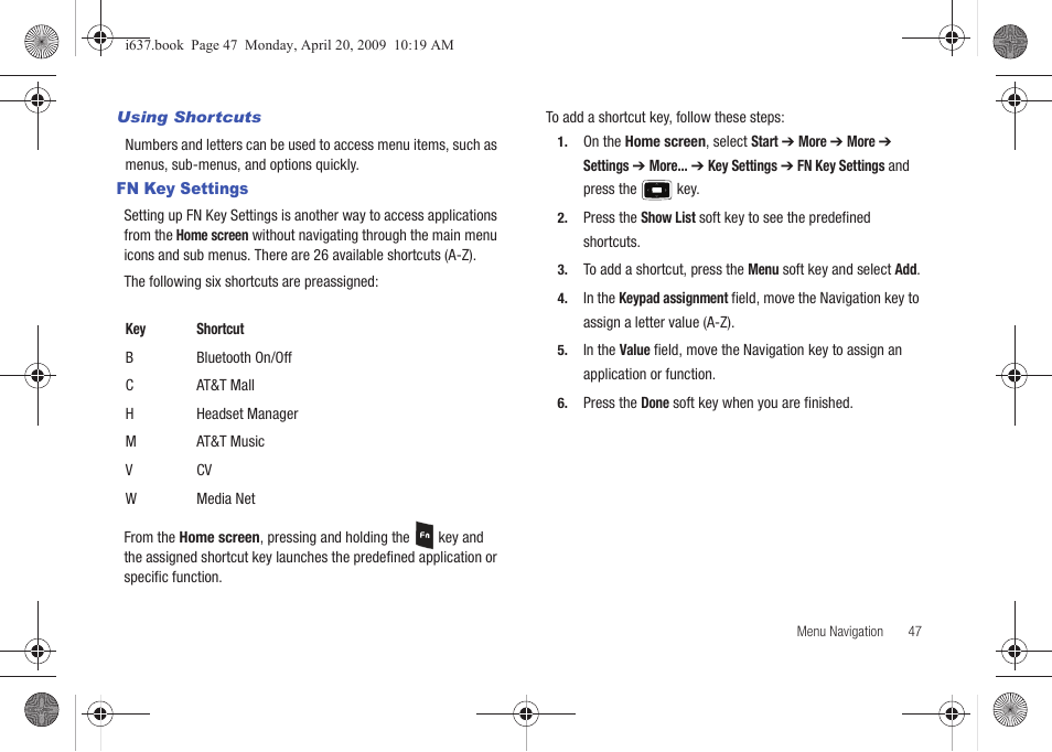 Fn key settings | Samsung SGH-I637MAAATT User Manual | Page 51 / 158