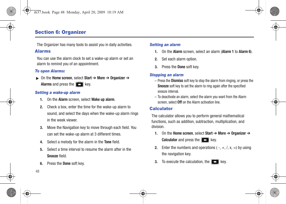 Section 6: organizer, Alarms, Calculator | Alarms calculator | Samsung SGH-I637MAAATT User Manual | Page 52 / 158