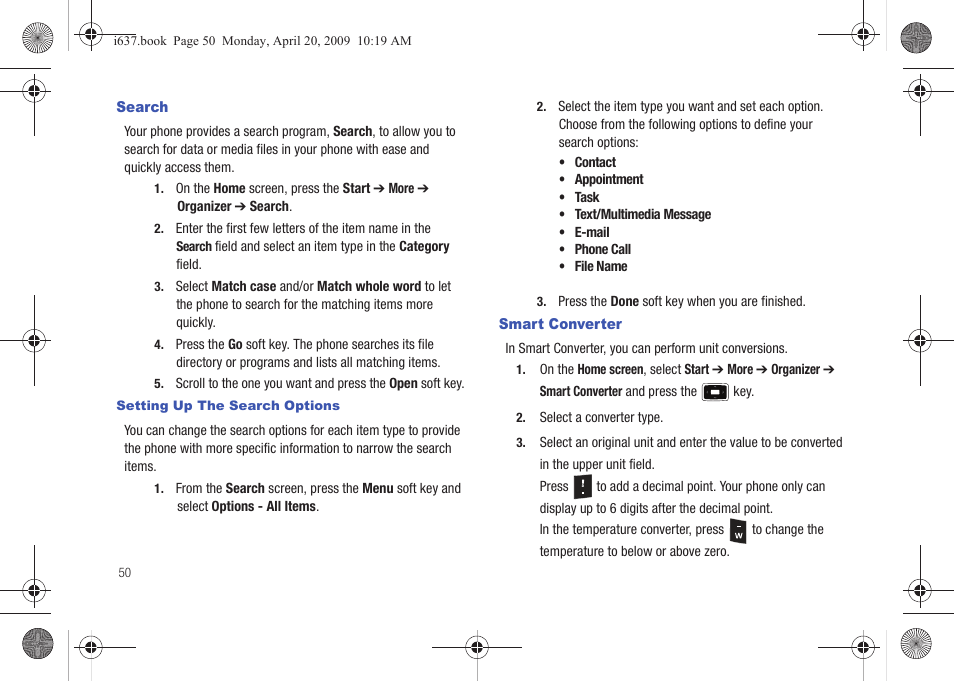 Search, Smart converter, Search smart converter | Samsung SGH-I637MAAATT User Manual | Page 54 / 158