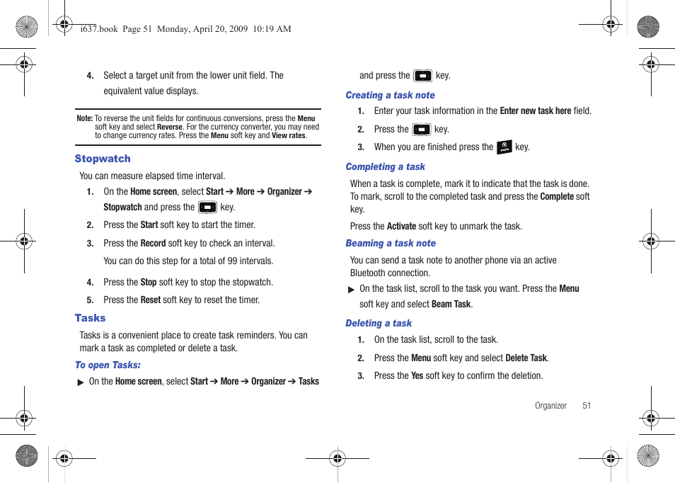 Stopwatch, Tasks, Stopwatch tasks | Samsung SGH-I637MAAATT User Manual | Page 55 / 158