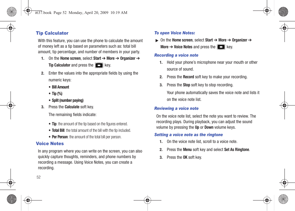 Tip calculator, Voice notes, Tip calculator voice notes | Samsung SGH-I637MAAATT User Manual | Page 56 / 158