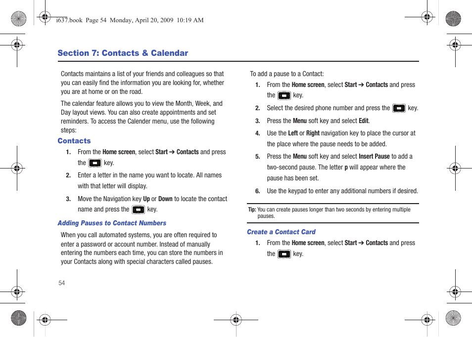 Section 7: contacts & calendar, Contacts | Samsung SGH-I637MAAATT User Manual | Page 58 / 158