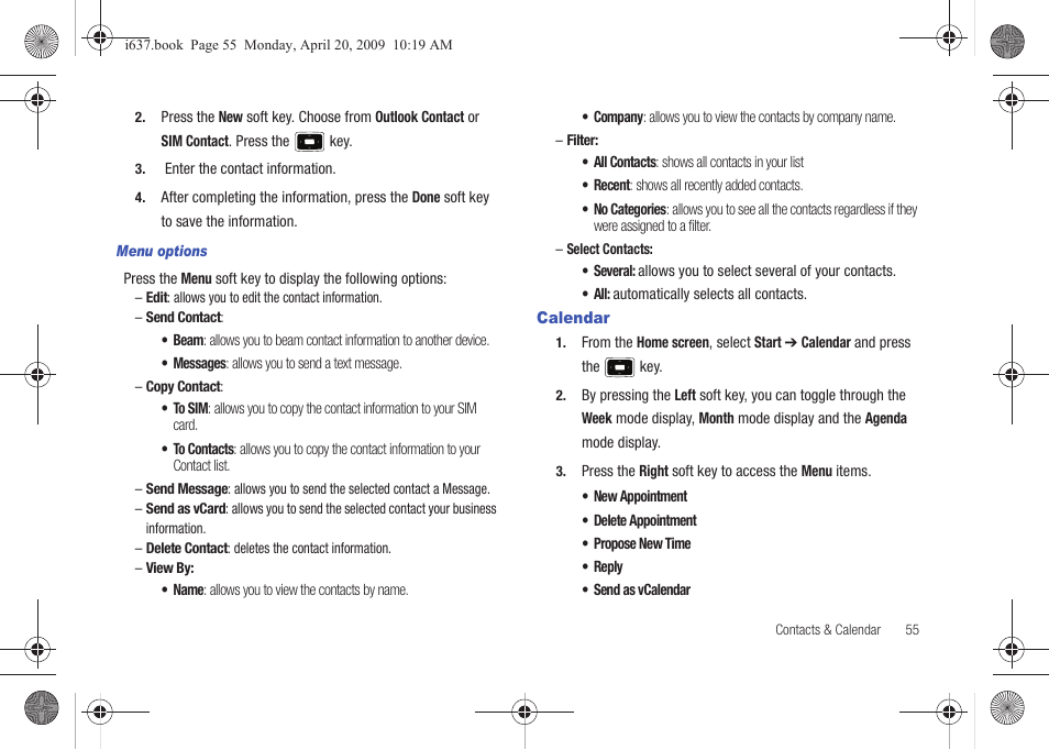 Calendar | Samsung SGH-I637MAAATT User Manual | Page 59 / 158