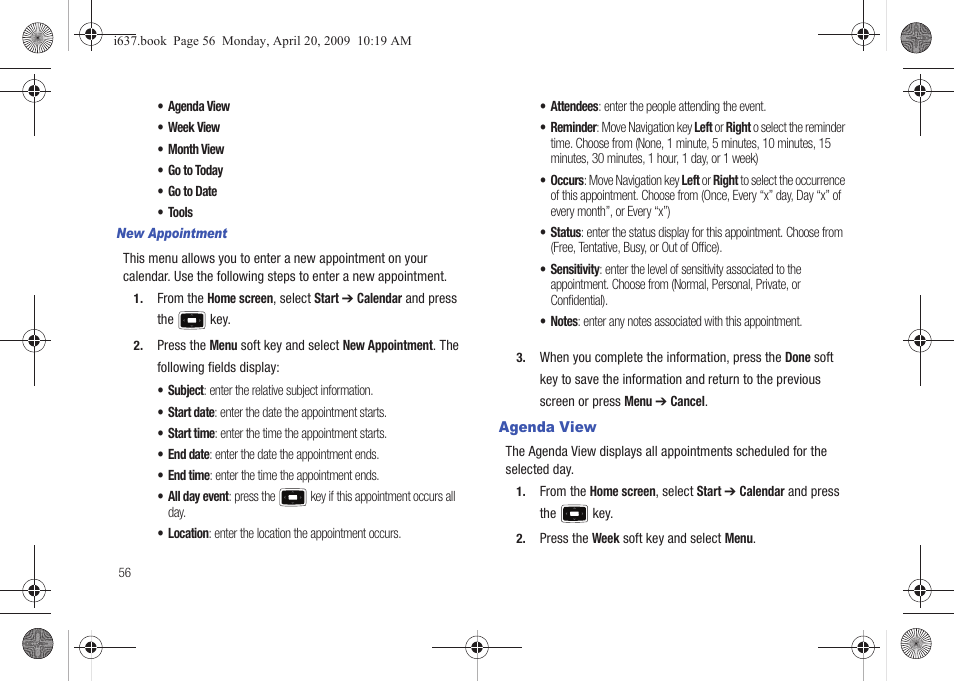 Agenda view | Samsung SGH-I637MAAATT User Manual | Page 60 / 158