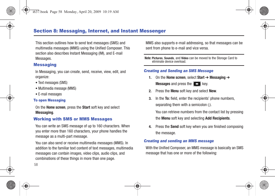 Messaging, Working with sms or mms messages, Messaging, internet, and instant messenger | Messaging working with sms or mms messages | Samsung SGH-I637MAAATT User Manual | Page 62 / 158