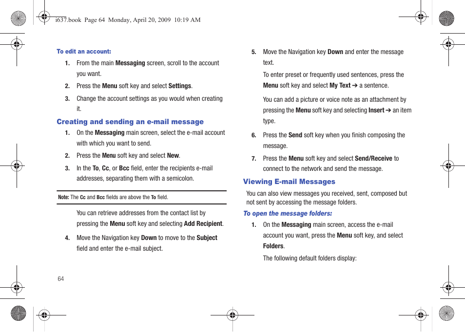 Creating and sending an e-mail message, Viewing e-mail messages | Samsung SGH-I637MAAATT User Manual | Page 68 / 158