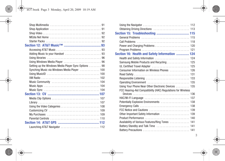 Section 12: at&t music™ 93, Section 13: cv 107, Section 14: at&t gps 112 | Section 15: troubleshooting 115, Section 16: health and safety information 124 | Samsung SGH-I637MAAATT User Manual | Page 7 / 158