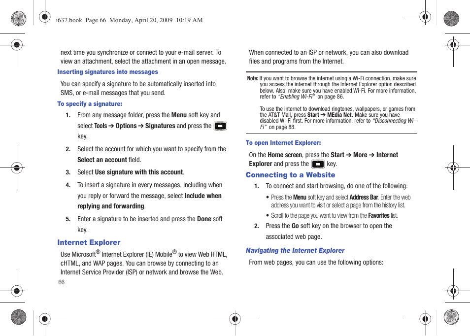 Internet explorer, Connecting to a website, Internet explorer connecting to a website | Samsung SGH-I637MAAATT User Manual | Page 70 / 158