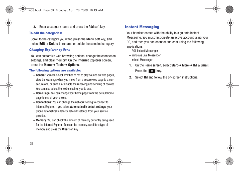 Instant messaging | Samsung SGH-I637MAAATT User Manual | Page 72 / 158