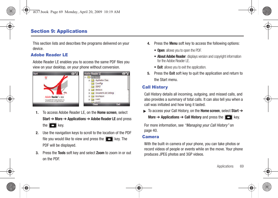 Section 9: applications, Adobe reader le, Call history | Camera, Adobe reader le call history camera | Samsung SGH-I637MAAATT User Manual | Page 73 / 158