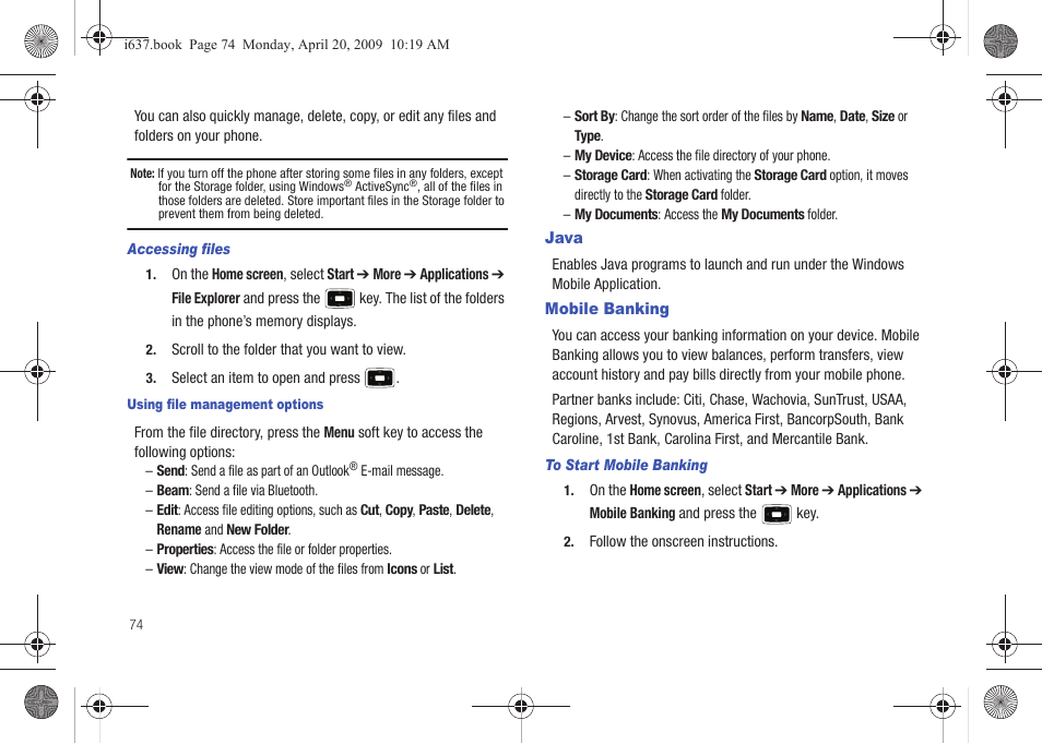 Java, Mobile banking, Java mobile banking | Samsung SGH-I637MAAATT User Manual | Page 78 / 158