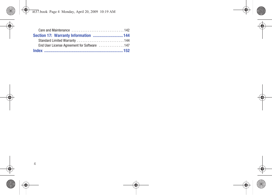 Section 17: warranty information 144 | Samsung SGH-I637MAAATT User Manual | Page 8 / 158