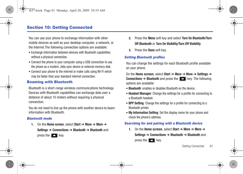 Section 10: getting connected, Beaming with bluetooth | Samsung SGH-I637MAAATT User Manual | Page 85 / 158