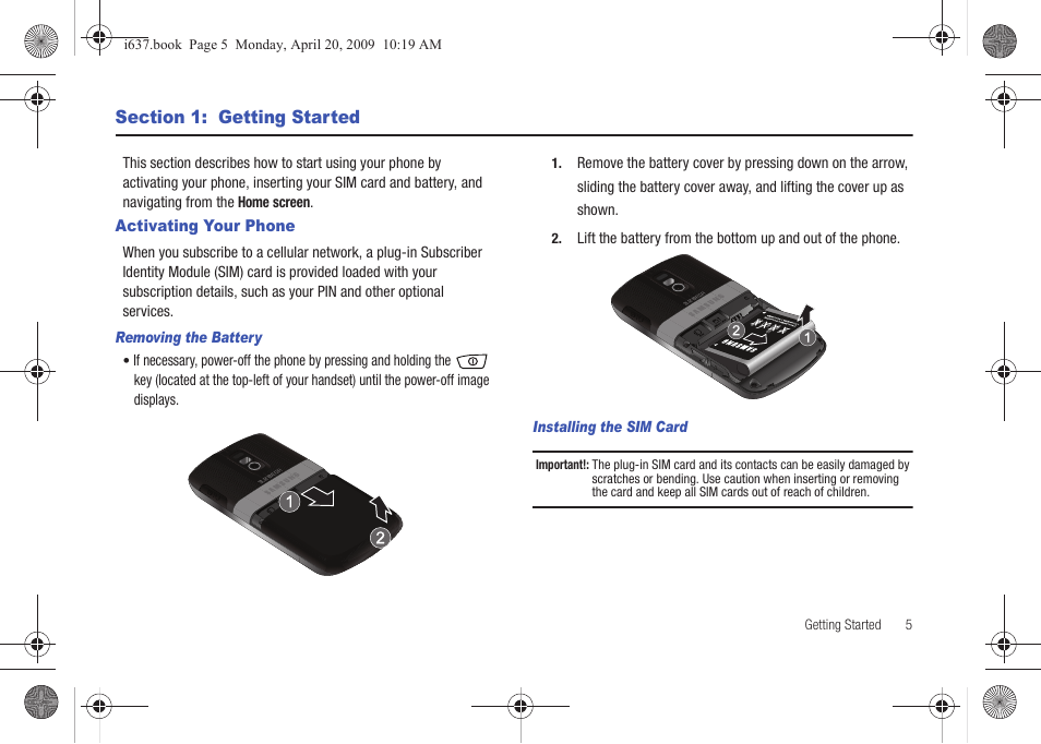 Section 1: getting started, Activating your phone | Samsung SGH-I637MAAATT User Manual | Page 9 / 158