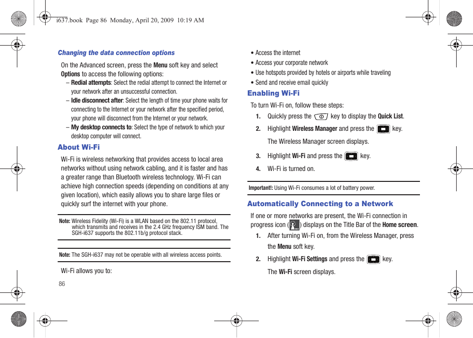 About wi-fi, Enabling wi-fi, Automatically connecting to a network | Samsung SGH-I637MAAATT User Manual | Page 90 / 158