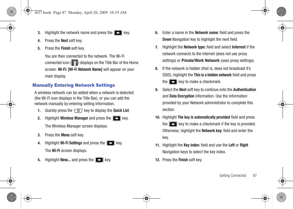 Manually entering network settings | Samsung SGH-I637MAAATT User Manual | Page 91 / 158