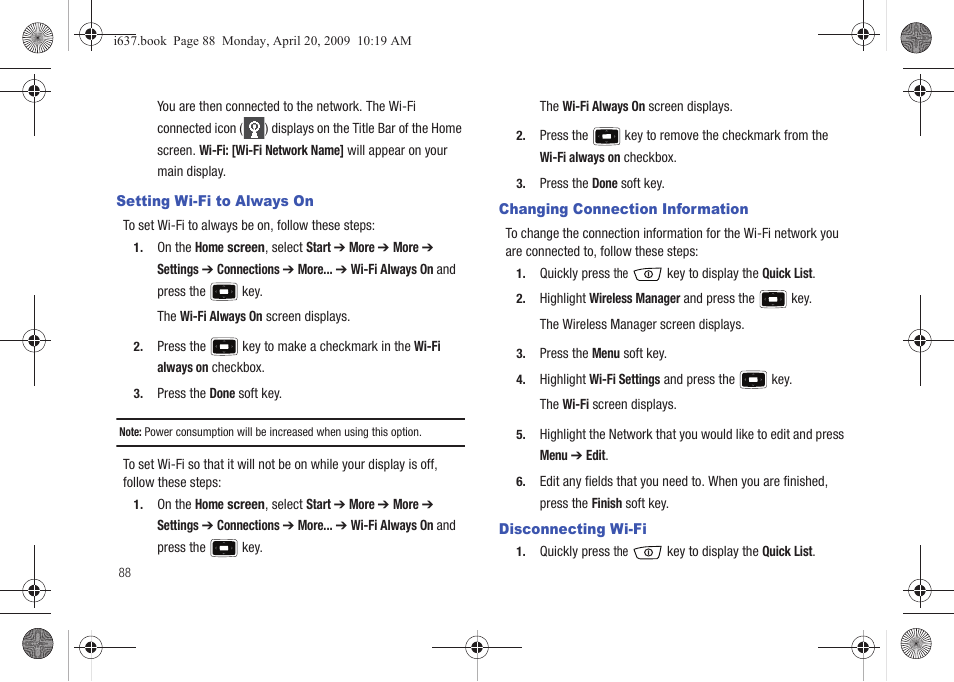 Setting wi-fi to always on, Changing connection information, Disconnecting wi-fi | Samsung SGH-I637MAAATT User Manual | Page 92 / 158