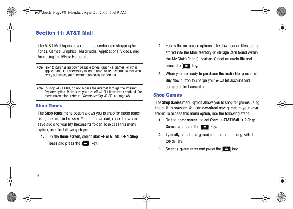 Section 11: at&t mall, Shop tones, Shop games | Shop tones shop games | Samsung SGH-I637MAAATT User Manual | Page 94 / 158