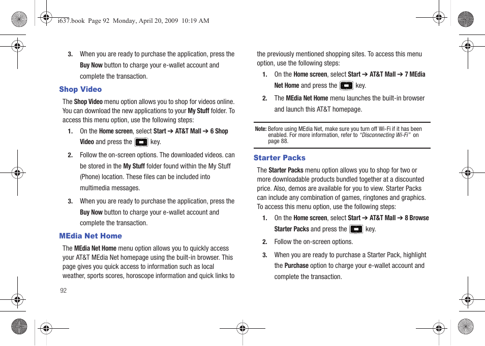 Shop video, Media net home, Starter packs | Shop video media net home starter packs | Samsung SGH-I637MAAATT User Manual | Page 96 / 158